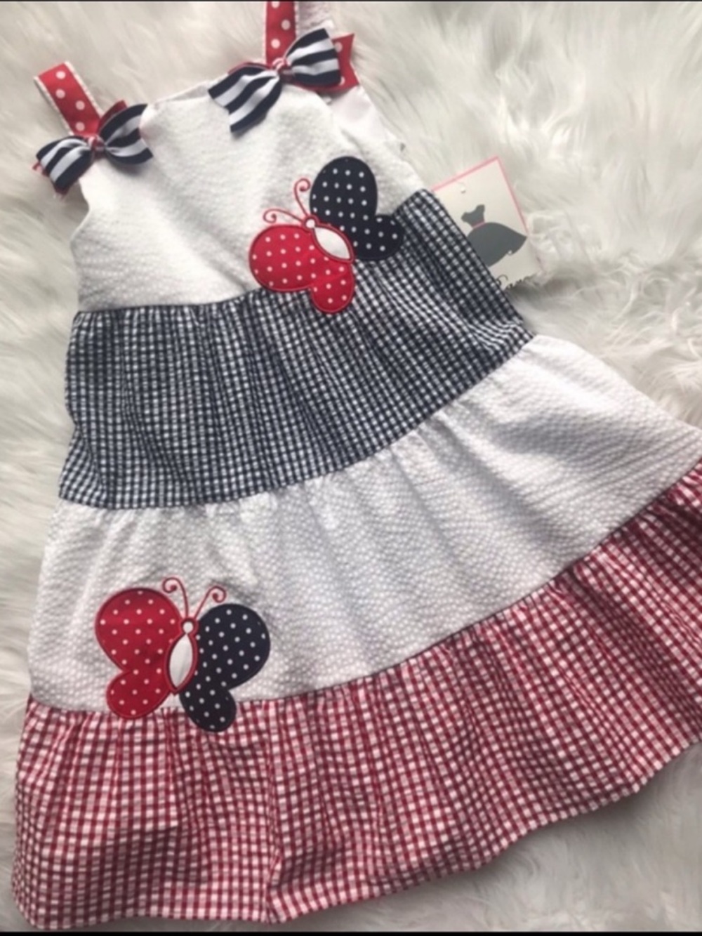 Rare Editions Red White Navy Butterfly Tiered Sundress